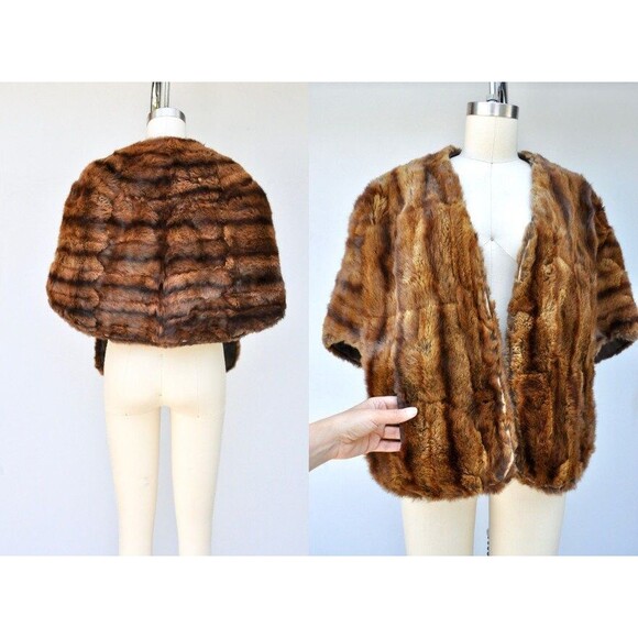 Vintage Rabbit Fur Stole Cape Capelet Wrap Shawl POCKETS 40s 50s Mid Century
